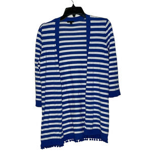 Talbots Petites Open Front Cardigan Size SP Blue White Striped Womens 3/4 Sleeve